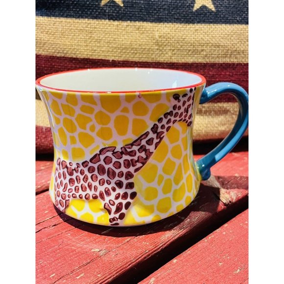 Pier 1 Coffee Mug Cup Yellow Hand Painted Giraffe Print Teal Handle 8 Ounces - Picture 12 of 12